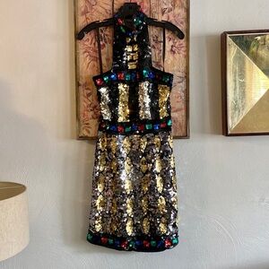VINTAGE 70S 80S DRESS SEQUIN MINI DRESS HIGH NECK GEOMETRIC SHAPES SMALL
